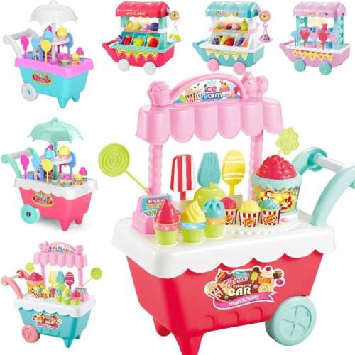 DIY Children Role Play Toys Mini Ice-cream/Candy/Fruit/Vegetables Shopping Cart with Light&Music Pretend Play Toys for Kids Gift