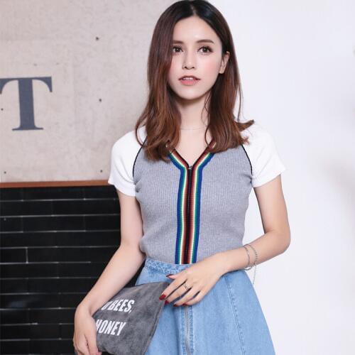 Harajuku t shirt women sexy V Neck Slim tshirt Japan preppy style Short Sleeve t-shirt With Zipper Tops lady Knit Patchwork Tees