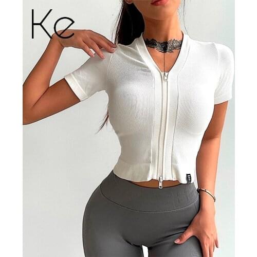 KE Sexy sports T-shirt womens short-sleeved zipper tight-fitting slimming quick-drying fitness clothes training yoga tops