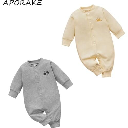 2021 0-18M Newborn Baby Long Sleeve Jumpsuit with Single-breasted Button Boy Girl Sun Embroidery O Neck Solid Fall Cotton Romper