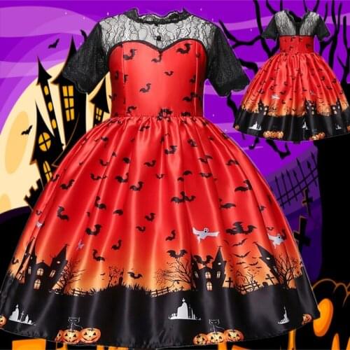 Halloween Lace Dress For Girl Pumpkin Witch Vampire Printed Party Cosplay Dress Christmas Princess Children Clothing 4-10 Yrs