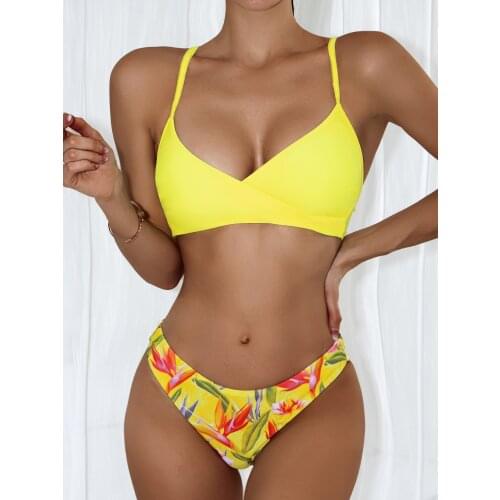 New Swimsuit Women Solid Yellow V Bra Push Up Leaves Print Mid Waist Bikini Set Summer Bathers Bathing Suit Swimwear Biquini