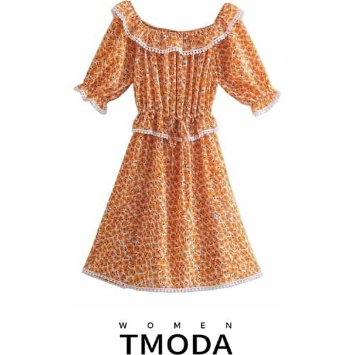 TMODA1255 Za Summer Women Dress 2021 Boho Print Short Sleeve Mini Dress Women Fashion Bow Tie Elegant Strapless Casual Dresses