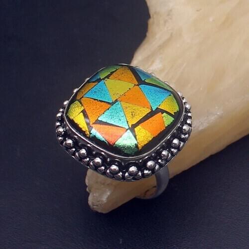 Fashion Jewelry Unique Dichroic Glass Silver Color Jewelry Band Ring For Women Men Size 9 HD234