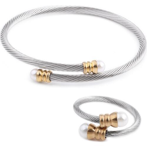 Trendy Jewelry New Fashion Stainless Steel & Metal Adjustable Gold Cuff Bracelet Bangle Ring Pearl Jewelry Set