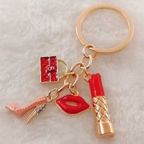 Fashion creative enamel lipstick high heels bag car keychain female school bag pendant metal keychain ring gift