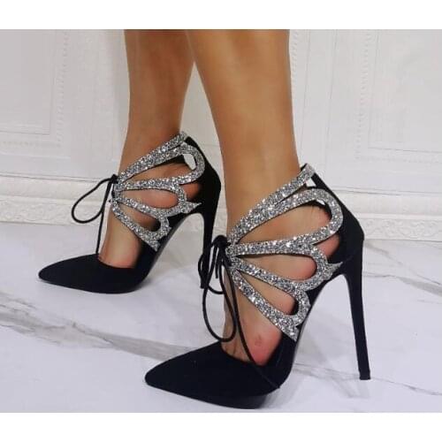 Dipsloot Cheap Fashion Woman Black Suede Sliver Glitter Hollow Out Pointed Toe Pumps Female Lace Up Front Thin Heels Dress Shoes