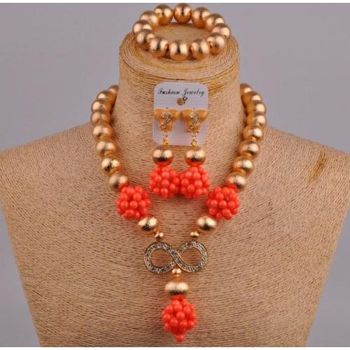 Nigerian Wedding African Beads Pink Coral Bridal Set Dubai Gold Jewelry Set