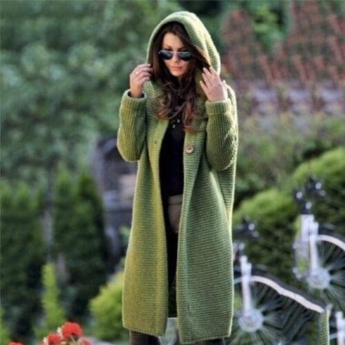 Autumn Hooded Cardigans Female Casual Knitted Long Sleeves Solid Color Sweater Fashion Women Button Coats