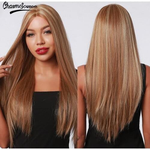 CharmSource Long Straight Synthetic Lace Part Hair Wigs Blend Blonde and White Wig For Women Heat Resistant Daily Use