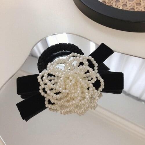 Luxury Elegant Camellia Pearl Hair Band For Lady Women Vintage Accessories Bow Knot Black Hair Ties Rubber Rope For Girls