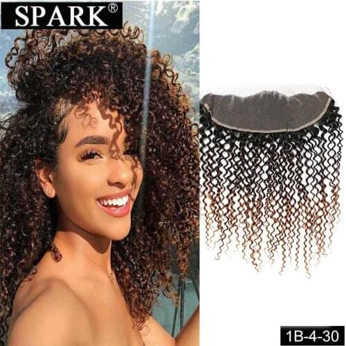 Spark Brazilian Human Hair Closure Kinky Curly Lace Frontal Closure 13x4 Ear to Ear Free Part Remy Ombre Color Medium Ratio