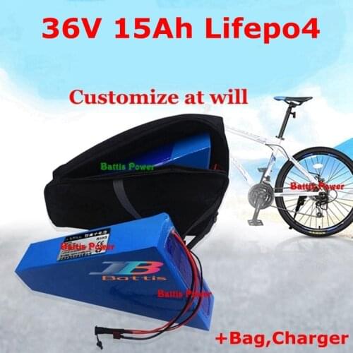 36v 15ah lifepo4 triangle lithium battery with BMS for 1000w 750w machinery electric bicycle bike scooter +3A charger + bag