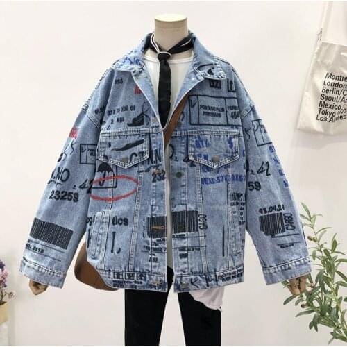 Spring Autumn 2021 New Womens Vintage Letter Embroidery Harajuku Blue Denim Jacket Female Loose Long sleeve Casual Jeans Jacket