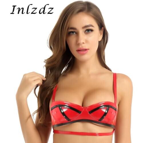 Womens Erotic Lingerie Bra Top Wet Look Patent Leather Adjustable Shoulder Straps Cut Out Underbust Wire-free Unlined Bra Top