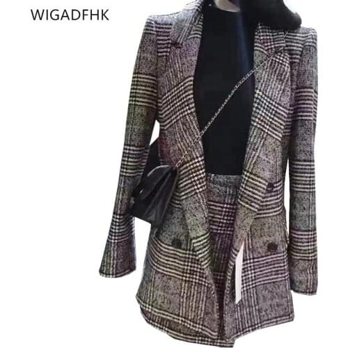 WIGADFHK 2021 Autumn Plaid Suit Womens High-quality Double-breasted Long-sleeved Lapel Suit 2-piece Skirt Suit