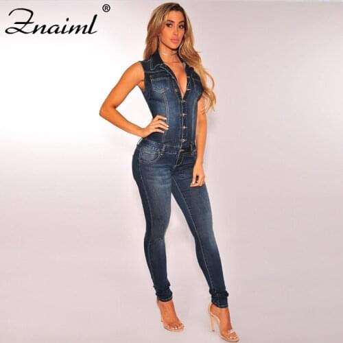 Womens Blue Slim Style Jeans Jumpsuit Summer Sleeveless Romper Button Long Pants Bodycon Jumpsuit Denim Overalls Casual Female