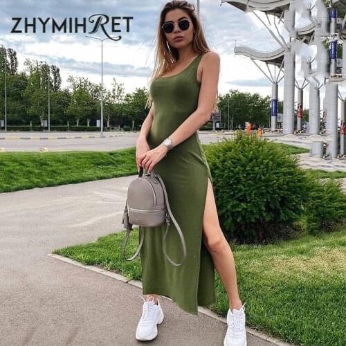 ZHYMIHRET 2021 Summer Sexy Side Split Dress Women Army Green Long Dress Casual Black Sundress Beach Festival Vestidos