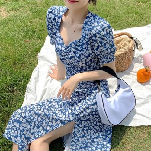 Women Summer Dress 2021 New Covered Belly Open Fork Female Chiffon Dress Knee Backing Broken Flower Vestido De Mujer YDK2180