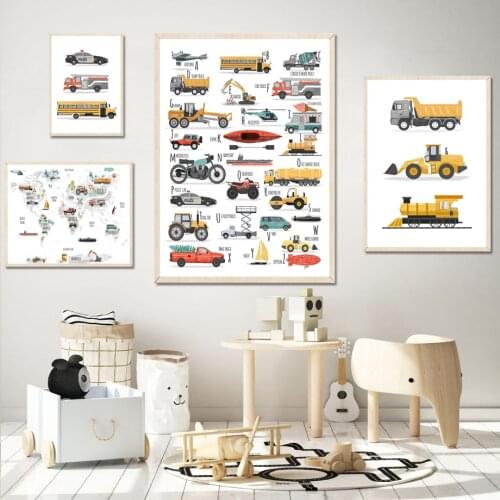 Alphabet Fire Truck Arabic Numeral Cartoon Wall Art Canvas Painting Nordic Posters And Prints Wall Pictures Kids Boy Room Decor