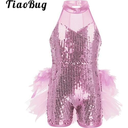 TiaoBug Kids Girls Sequins Ballet Leotard Mesh Ruffles Feathers Ballet Tutu Children Stage Performance Jazz Latin Dance Costume