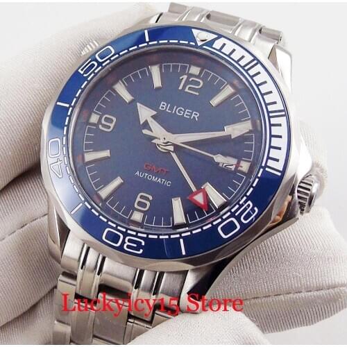BLIGER Brand New Men Watch Automatic Movement GMT Hand Stainless Steel Watch Band Date Function