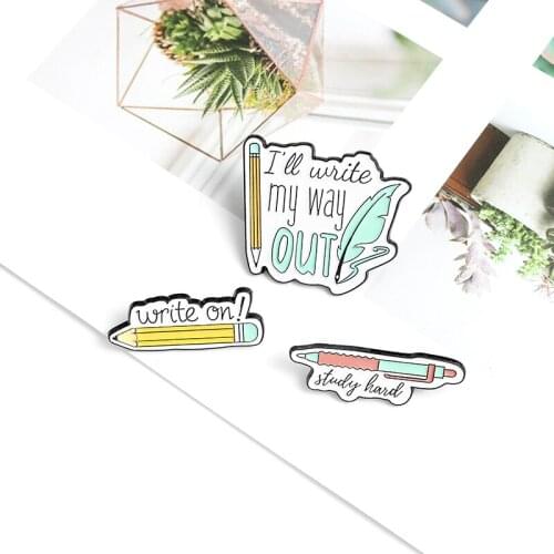 Pencil Feather Pen Enamel Pins Write My Way Out Brooches Badges for Women Men Clothes Bag Pins Jewelry Gift for Friend Wholesale