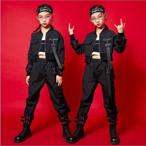 Kids Cool Black Hip Hop Clothing Crop Zip Up Jacket Top Streetwear Tactical Cargo Pants for Girl Jazz Dance Wear Costume Clothes