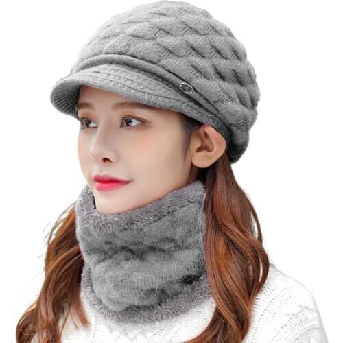 Women Winter 2Pcs Set Visor Brim Chunky Knit Beanie Hat Plush Lined Circle Scarf 649C