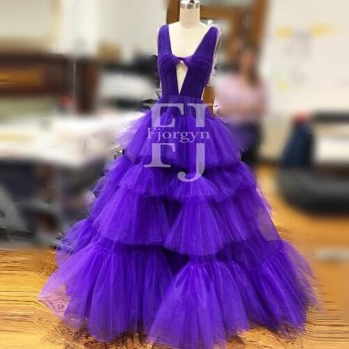 Elegant Purple Tulle Dresses Ball Gown Extra Puffy Women Sexy Maxi Dressing Gowns For Party V Neck Ruffles Flouncing Dress