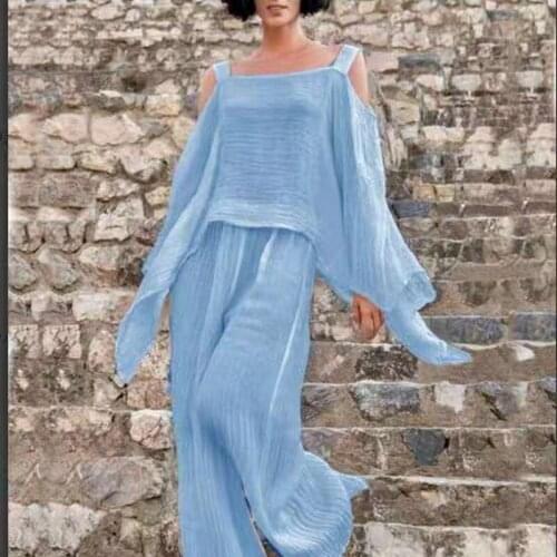 Two-piece Cotton Temperament Pleated Solid Color Casual Fashion Long-sleeved Suspender Top + Wide-leg Trousers Women Pants