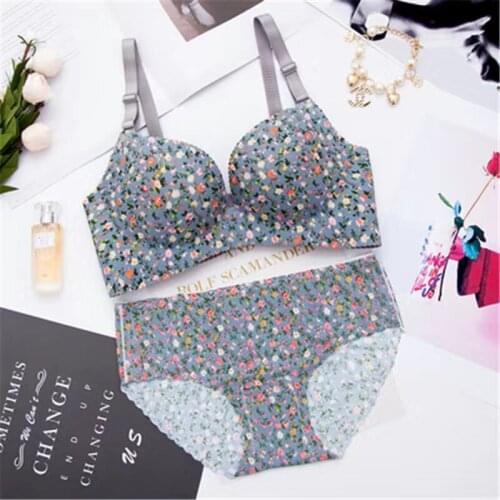 Seamless Bra Set for Women Underwear Push Up Lingerie Set Flower Print Wire Free Bra and Panty Set Female Big Size Intimates