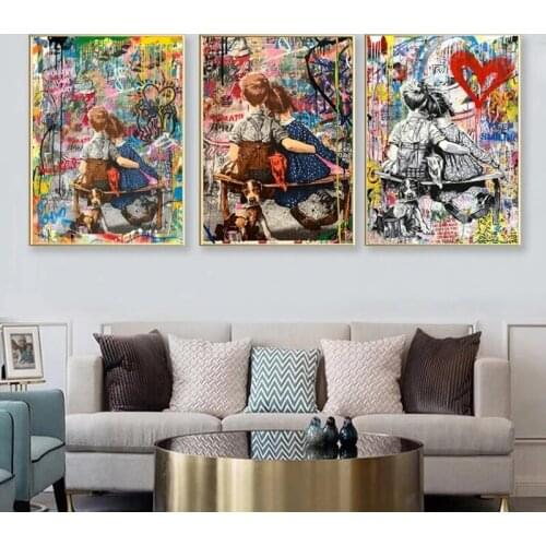 Colorful Banksy Art Graffiti Boy Girl Canvas Painting Wall Art Posters Prints Wall Pictures for Living Room Home Wall Cuadros