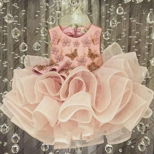 Hot Sale Ruffles Tier Skirt Little Girls Dresses for Wedding O Neck Butterfly Beading Infant Communion Dress 2020