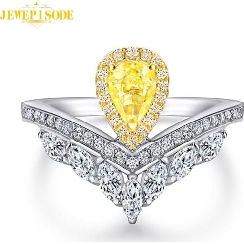 Jewepisode Trendy 925 Sterling Silver Crown V-shaped Citrine High Carbon Diamond Ring Female Engagement Proposal Rings Wholesale