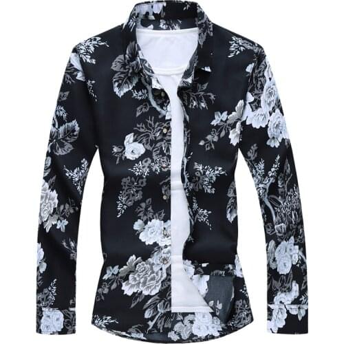 Men New Autumn Floral Print Hawaiian Beach Casual Black Shirt Male Party Hip Hop Slim Long Sleeve Dress Shirts Plus Size 6XL 7XL