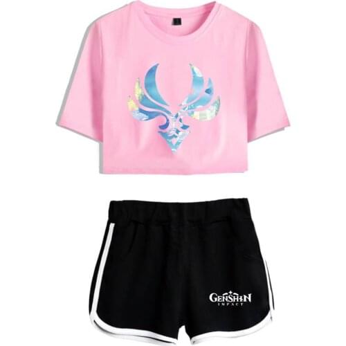 Popular Game genshin impact women two piece sets shorts+lovely t shirt Sexy girls sport sets Cute Girls tracksuit Street Wear