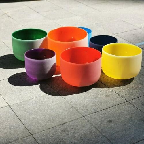 KVKA 6"-12" Note CDEFGAB Colored set of 7PCS Chakra Frosted Quartz Crystal Singing Bowl
