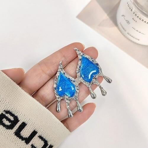Blue Crystal Heart Drop Earrings South Korea Punk Exaggerated Fashion And Personality Big Earrings Women Jewelry Accessories