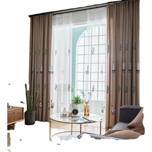 Childrens Room Curtains Cactus Cartoon Printing Curtains Cotton and Linen Embroidery Black Out Curtains for Living Room Bedroom