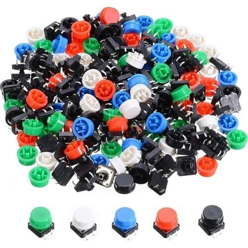 100pcs Keys Tactile Switch Micro PCB Tact Push Button Momentary Switches 4 Pins 12*12*7.3mm With 100pcs 5 Color Caps Mayitr