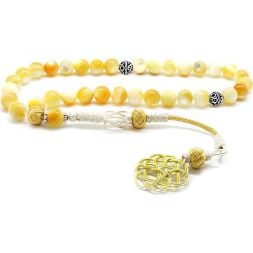 Tesbihane 1000 Sterling Silver Kazaz Tassels Sphere Cut Yellow Mother Of Pearl Natural Stone Rosary