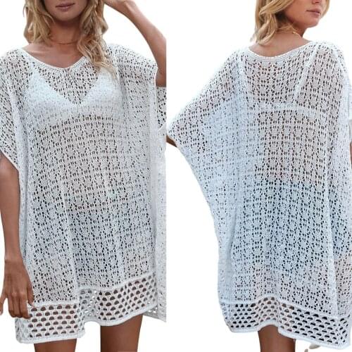 2021 Hot Trend Female Beachwear Solid Color O-Neck Batwing Sleeve See-Through Blouse Bikini Cover Ups for Summer Three Colors