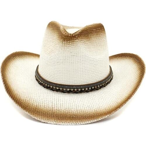 QBHAT Brown Spray Paint Western Cowboy Straw Hat Women Ladies Wide Brim Sunshade Hat Beach Sun Protection Cap Holiday Sunhat