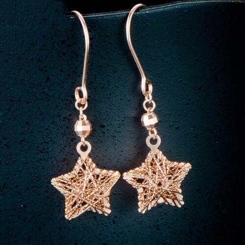 Au750 Real Solid 18K Rose Gold Earrings Women Luck Hollow Star Dangle Earrings 35x11.8mm 2-2.5g
