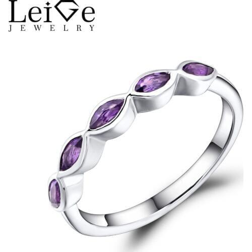 Leige Jewelry Wedding Band Natural Amethyst Ring Marquise Cut Purple Gemstone Sterling Silver 925 Fine Jewelry Stackable Rings