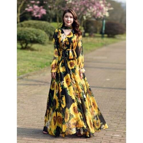 Floral Printed Maxi Dress Womens 2021New Abaya Dubai Chiffon Muslim Big Hem Dresses New African Turkey Islam Kaftan Robe