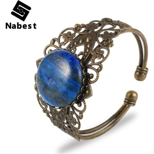 Women Vintage Hollow Flower Natural Tiger Eye Labradorite Gem Stone Bangle Lapis Lazuli Crystal Antique Bronze Bracelet Jewelry