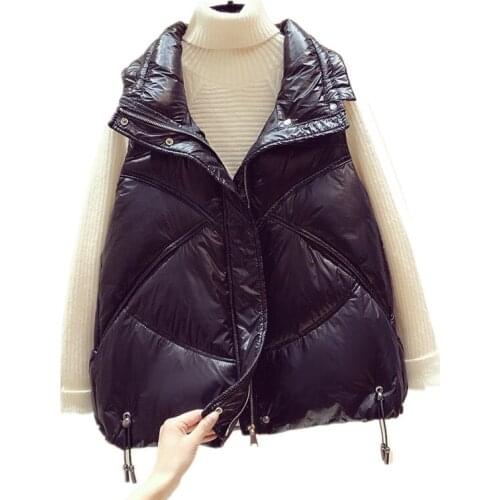 Autumn Winter Glossy Warm Down Cotton Vest Women Tops Fashion Thin Double breasted Sleeveless Jacket Loose Short Waistcoat H1528