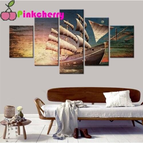 5d diy diamond painting 5 Pcs Sun Boat Pirate Sailboat Sea Rover Moon embroidery full square round diamond mosaic,crystal k1213